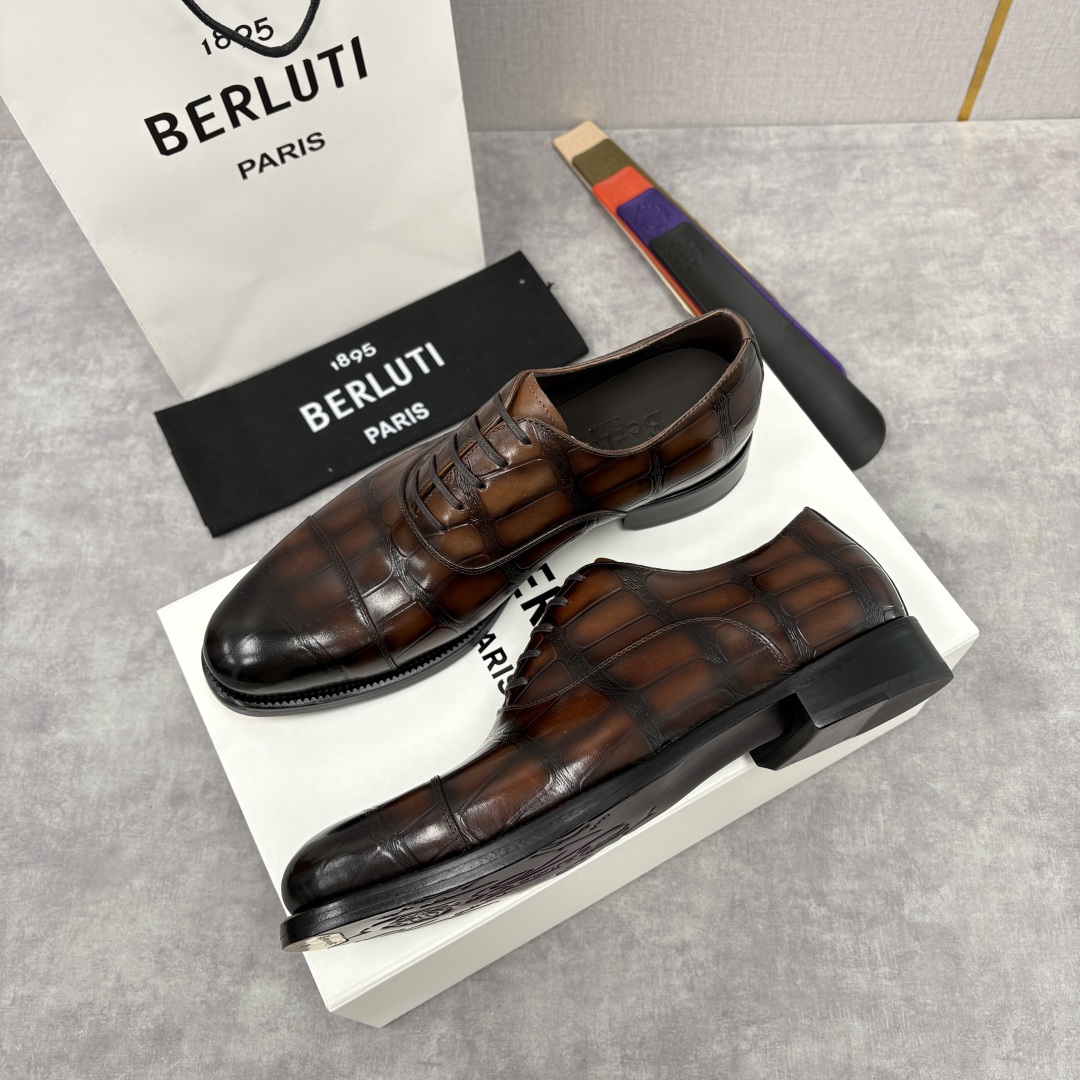 💋💍Berlut* 布鲁提 新款男士手工擦色正装皮鞋上新🆕 鳄鱼纹牛津鞋的商务与格调的极致融合。甄选优质