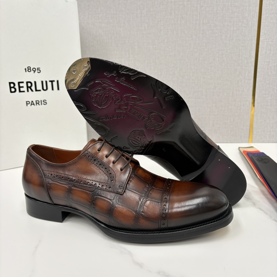 💋💍Berlut* 布鲁提 新款男士手工擦色正装皮鞋上新🆕 鳄鱼纹牛津鞋的商务与格调的极致融合。甄选优质