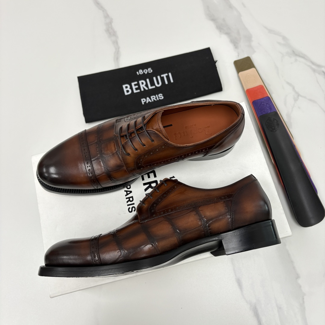 💋💍Berlut* 布鲁提 新款男士手工擦色正装皮鞋上新🆕 鳄鱼纹牛津鞋的商务与格调的极致融合。甄选优质