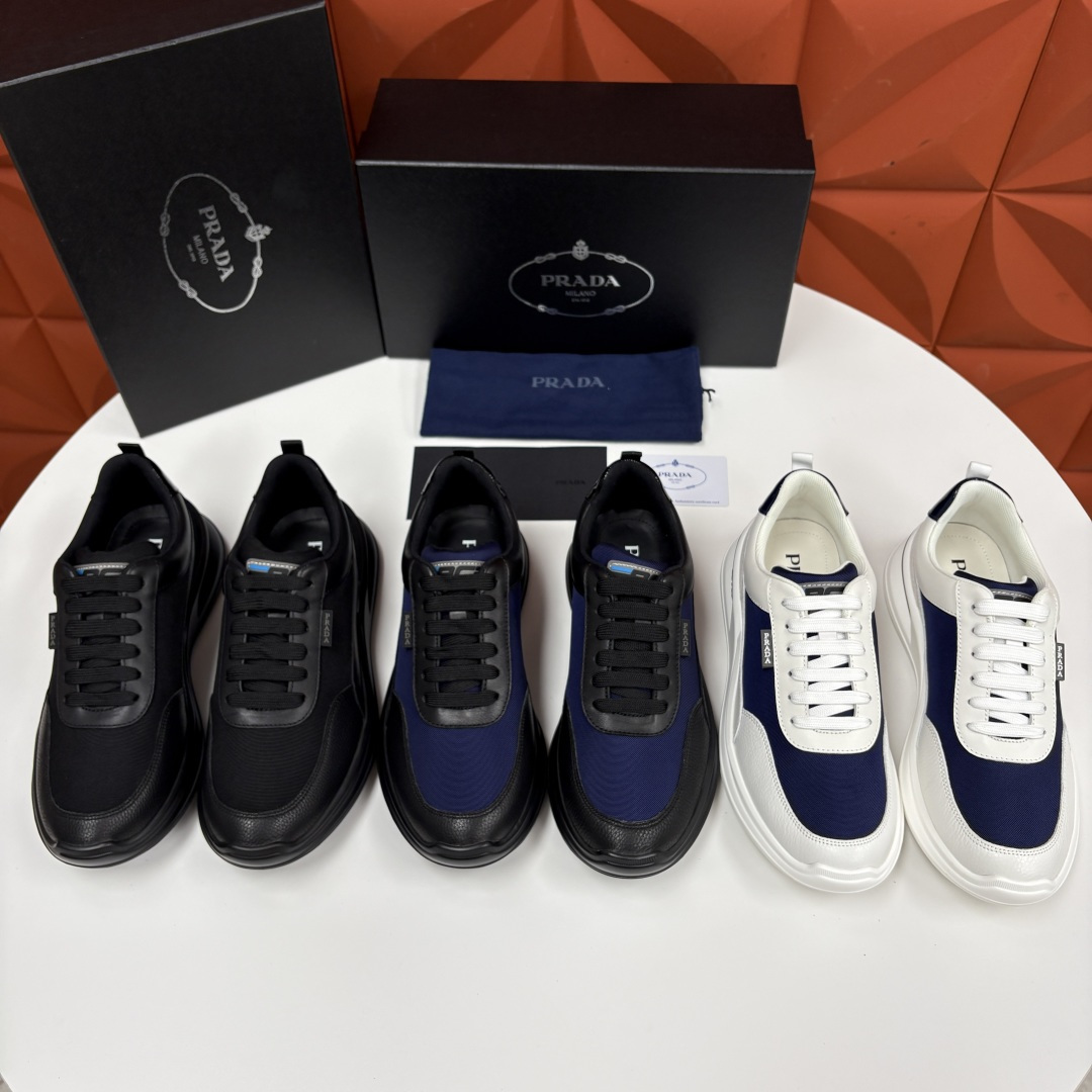 💋💍P 家新品  Prad* 普拉-达   新款男士小牛皮拼网布运动鞋出货！ 莞产猛货。机能风休闲鞋 |