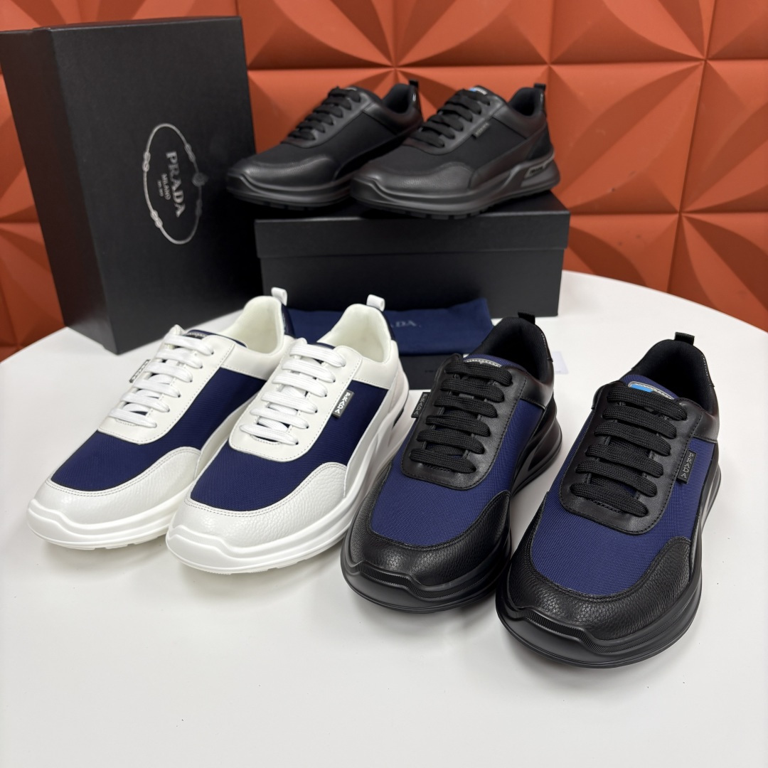 💋💍P 家新品  Prad* 普拉-达   新款男士小牛皮拼网布运动鞋出货！ 莞产猛货。机能风休闲鞋 |