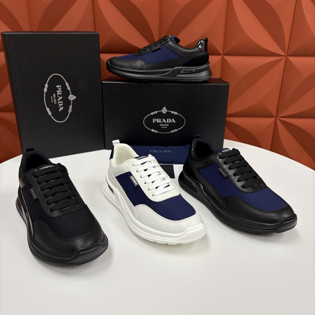 💋💍P 家新品  Prad* 普拉-达   新款男士小牛皮拼网布运动鞋出货！ 莞产猛货。机能风休闲鞋 |