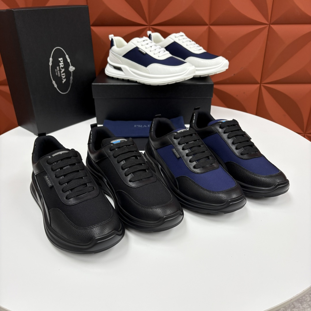 💋💍P 家新品  Prad* 普拉-达   新款男士小牛皮拼网布运动鞋出货！ 莞产猛货。机能风休闲鞋 |
