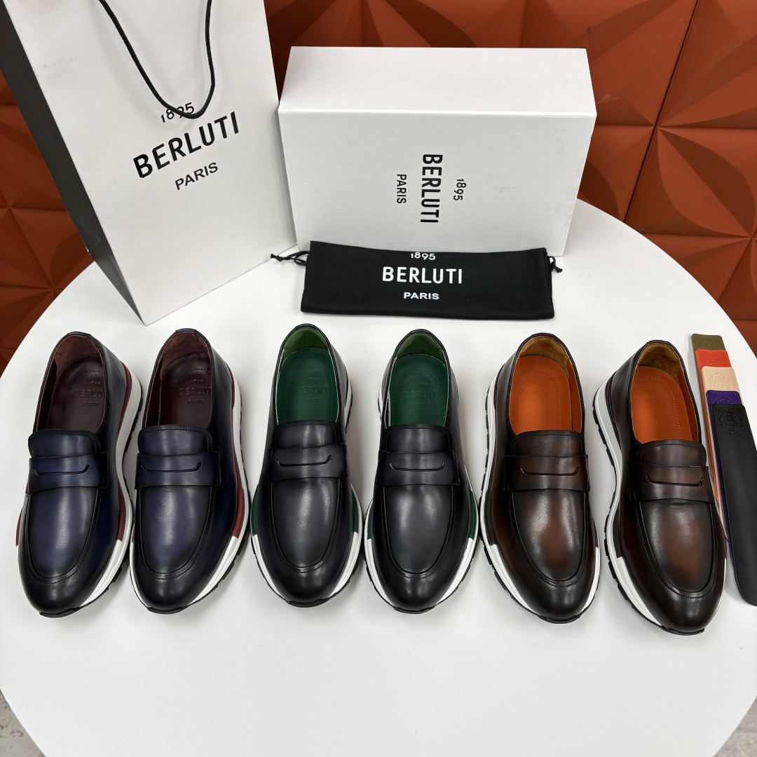 💋💍Berlut* 布鲁提 升级版第四代私模大底 Fast Track皮革乐福运动鞋  官方 16700
