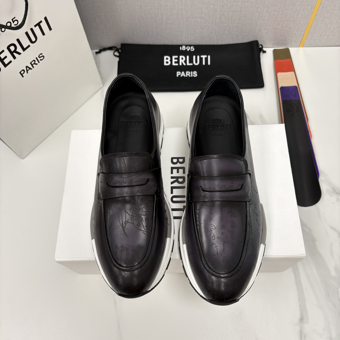 💋💍Berlut* 布鲁提定制款满雕花一脚蹬， 升级版第四代私模大底 Fast Track走秀皮革运动鞋