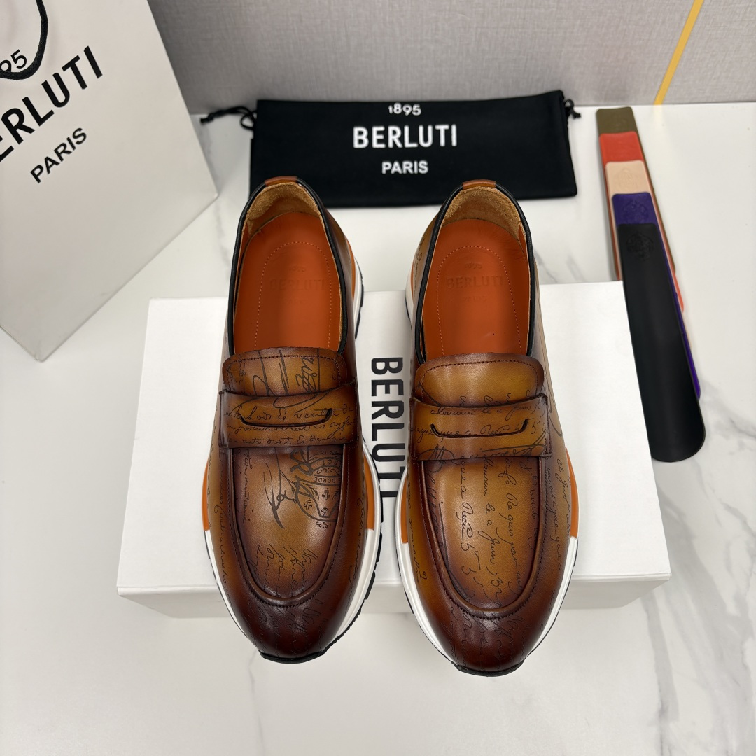 💋💍Berlut* 布鲁提定制款满雕花一脚蹬， 升级版第四代私模大底 Fast Track走秀皮革运动鞋