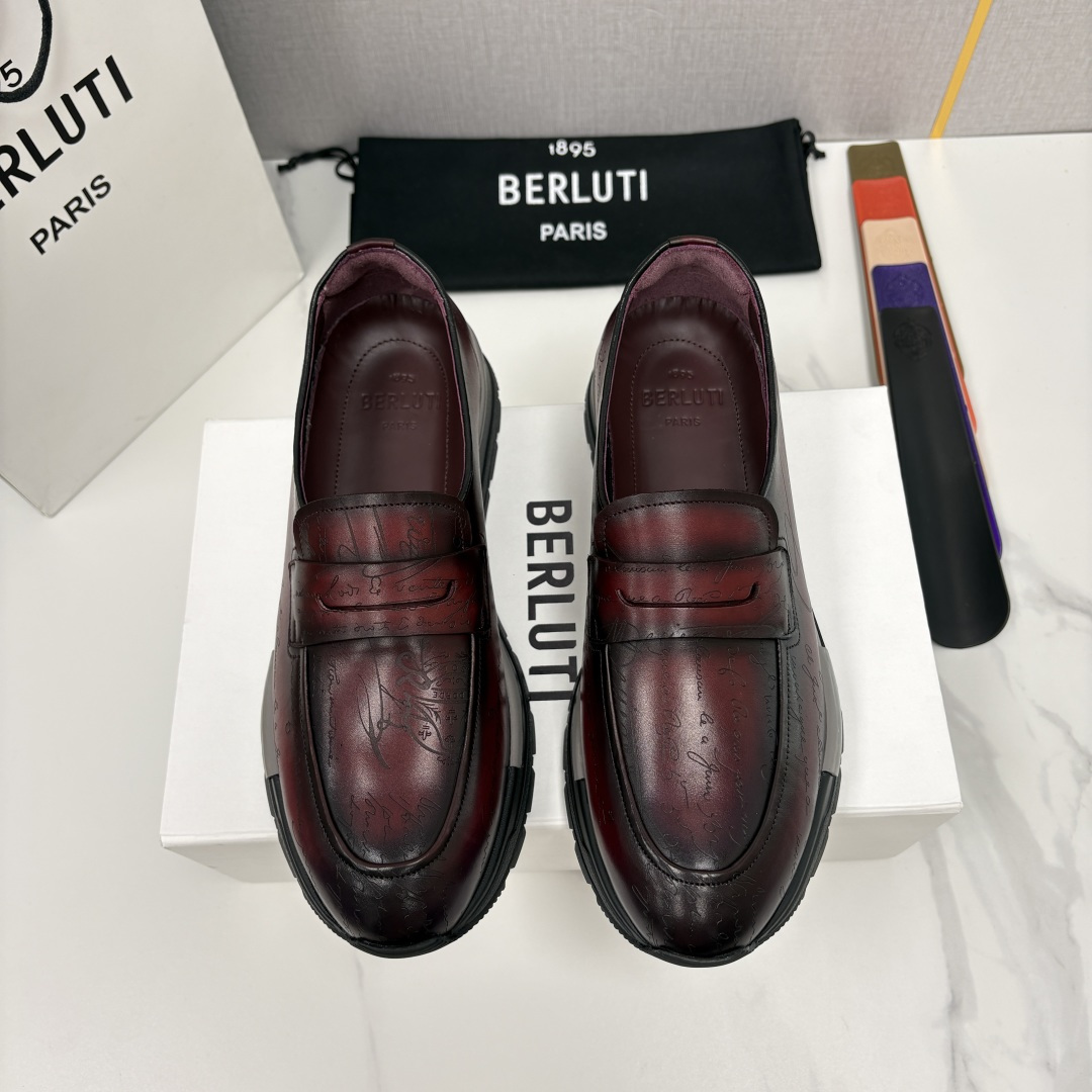 💋💍Berlut* 布鲁提定制款满雕花一脚蹬， 升级版第四代私模大底 Fast Track走秀皮革运动鞋