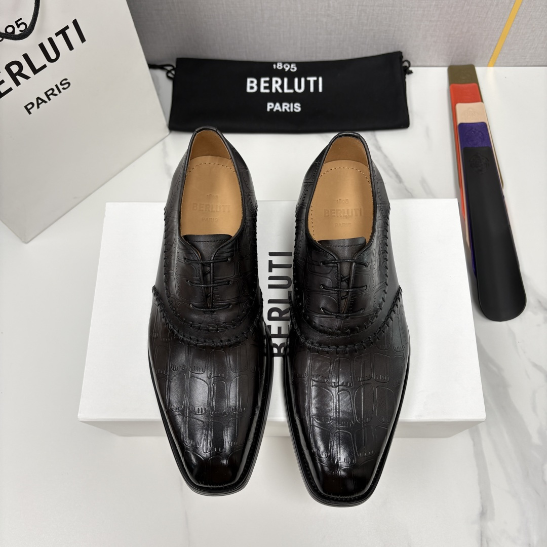 💋💍Berlut* 布鲁提  新款男士手工擦色正装皮鞋上新🆕     鳄鱼纹牛津鞋的商务与格调的极致融合
