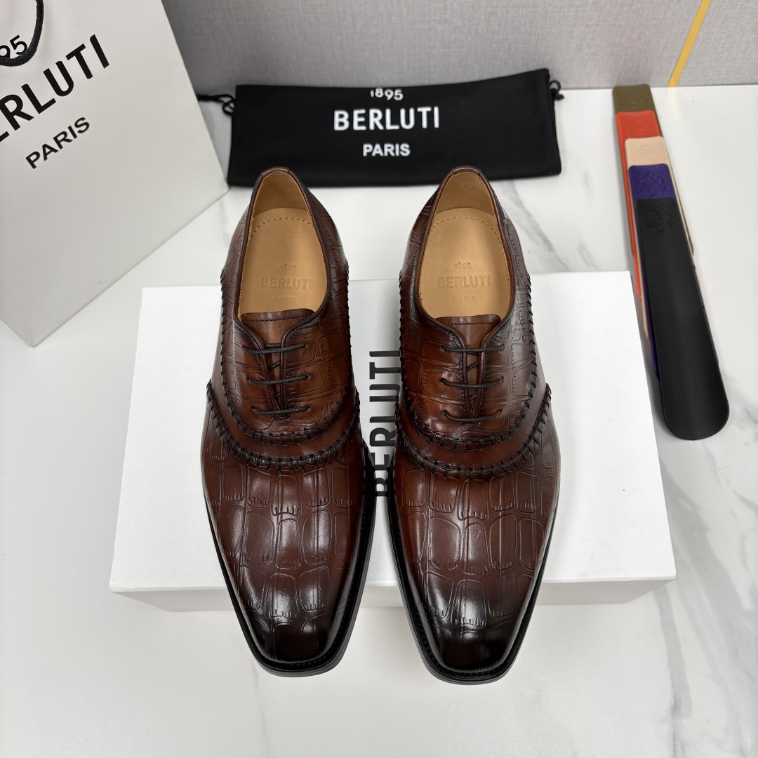 💋💍Berlut* 布鲁提  新款男士手工擦色正装皮鞋上新🆕     鳄鱼纹牛津鞋的商务与格调的极致融合