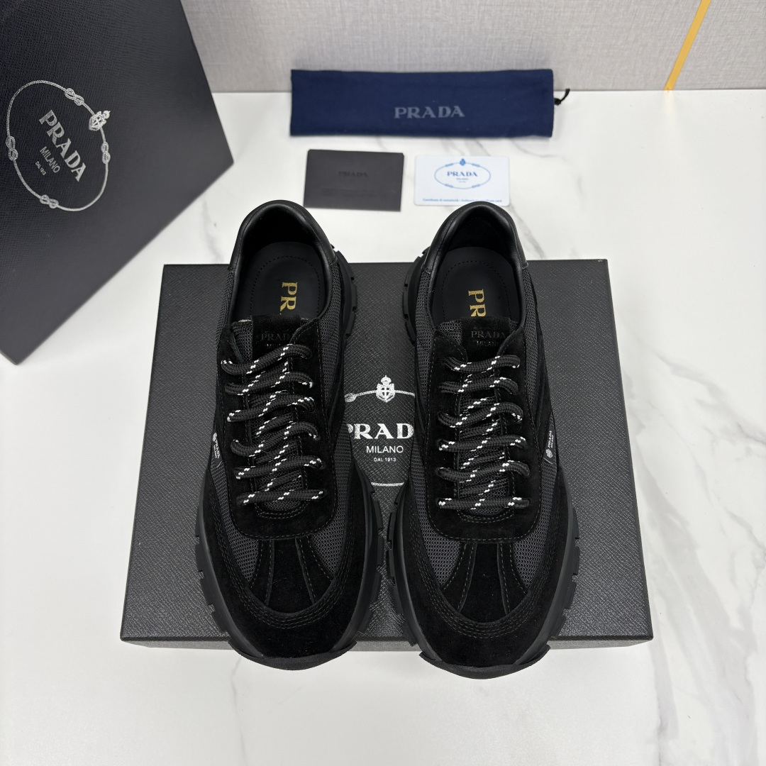 💋💍P家新品  情侣款👩‍❤️‍👨   Prad* 普拉-达 Collapse 网面与绒面皮革弹力运动鞋