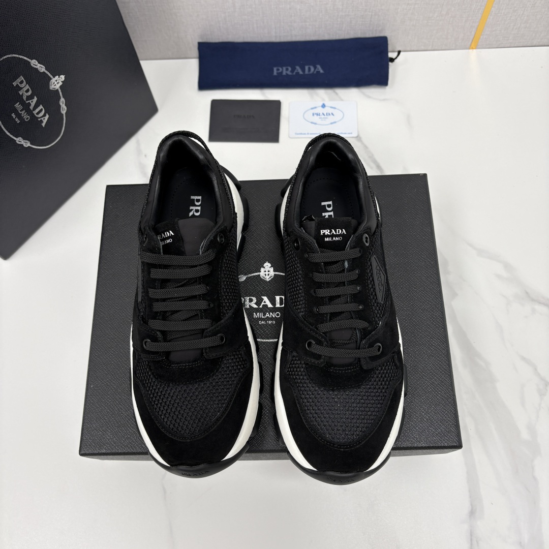 💋💍P家新品  情侣款👩‍❤️‍👨   Prad* 普拉-达 Collapse 网面与绒面皮革弹力运动鞋