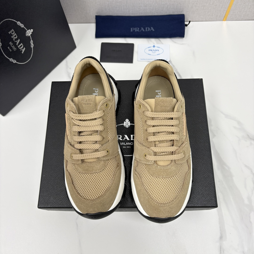 💋💍P家新品  情侣款👩‍❤️‍👨   Prad* 普拉-达 Collapse 网面与绒面皮革弹力运动鞋