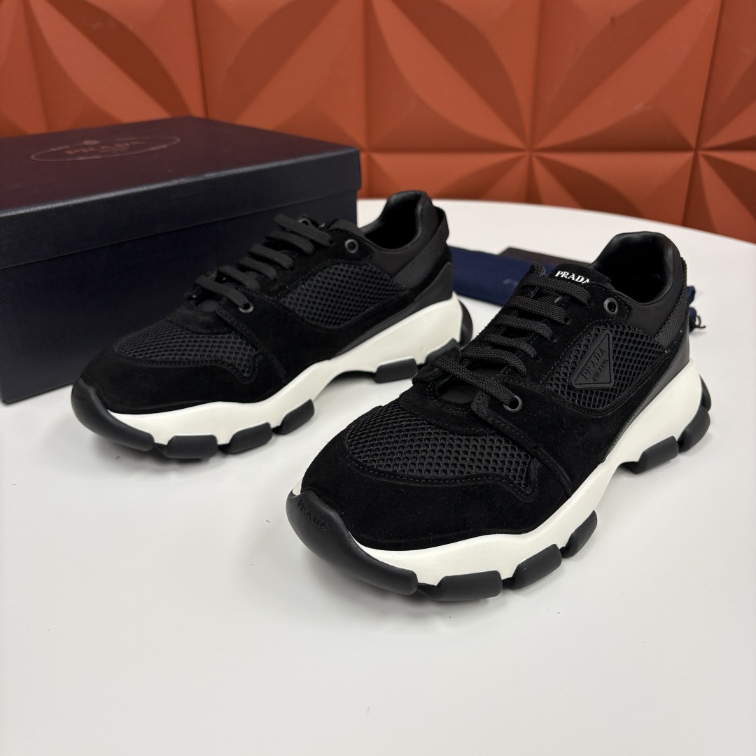 💋💍P家新品  情侣款👩‍❤️‍👨   Prad* 普拉-达 Collapse 网面与绒面皮革弹力运动鞋