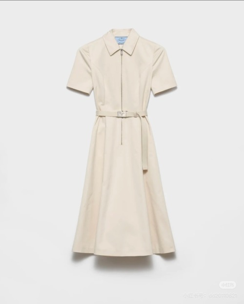 Prada Women's Cream Fitted Waist Short Sleeve Midi Dress with Belt 1 Prada Women's Cream Fitted Waist Short Sleeve Midi Dress with Belt