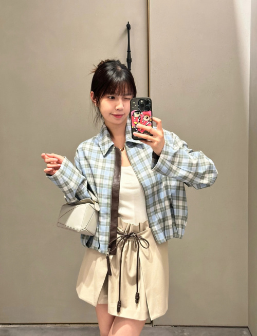 LOEWE Plaid Wool Blend Jacket with Leather Trim and Drawstring Skirt Set 1 LOEWE Plaid Wool Blend Jacket with Leather Trim and Drawstring Skirt Set
