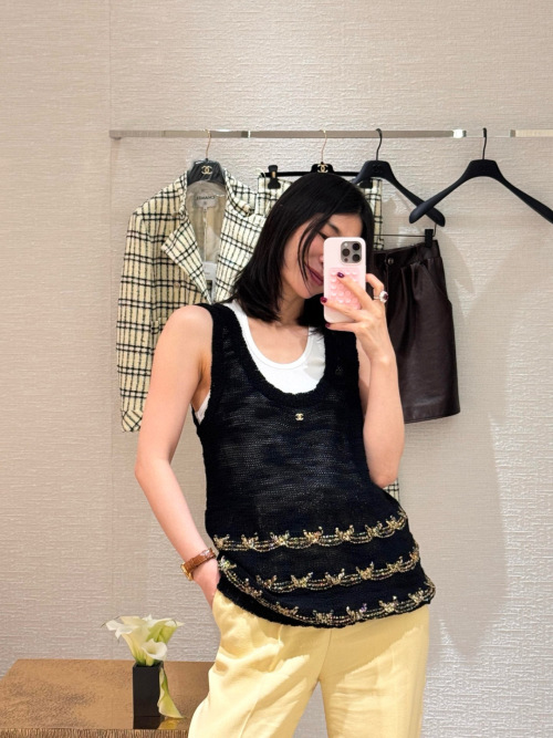 Chanel Knit Vest with Gold Embroidery, Sleeveless Top - Summer Collection 1 Chanel Knit Vest with Gold Embroidery, Sleeveless Top - Summer Collection