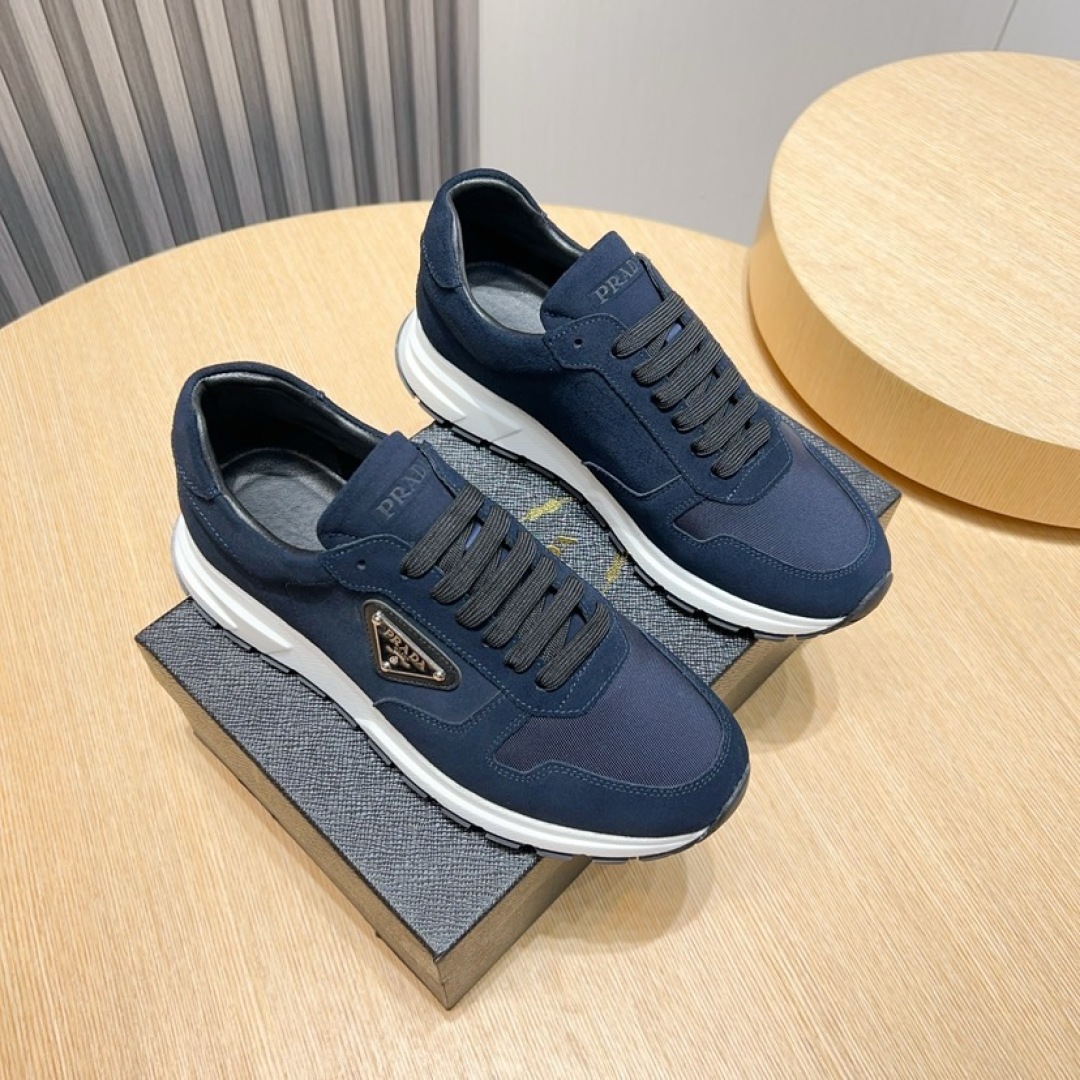 Prada Men's Navy Leather and Fabric Sneakers with Iconic Triangle Logo 1 Prada Men's Navy Leather and Fabric Sneakers with Iconic Triangle Logo