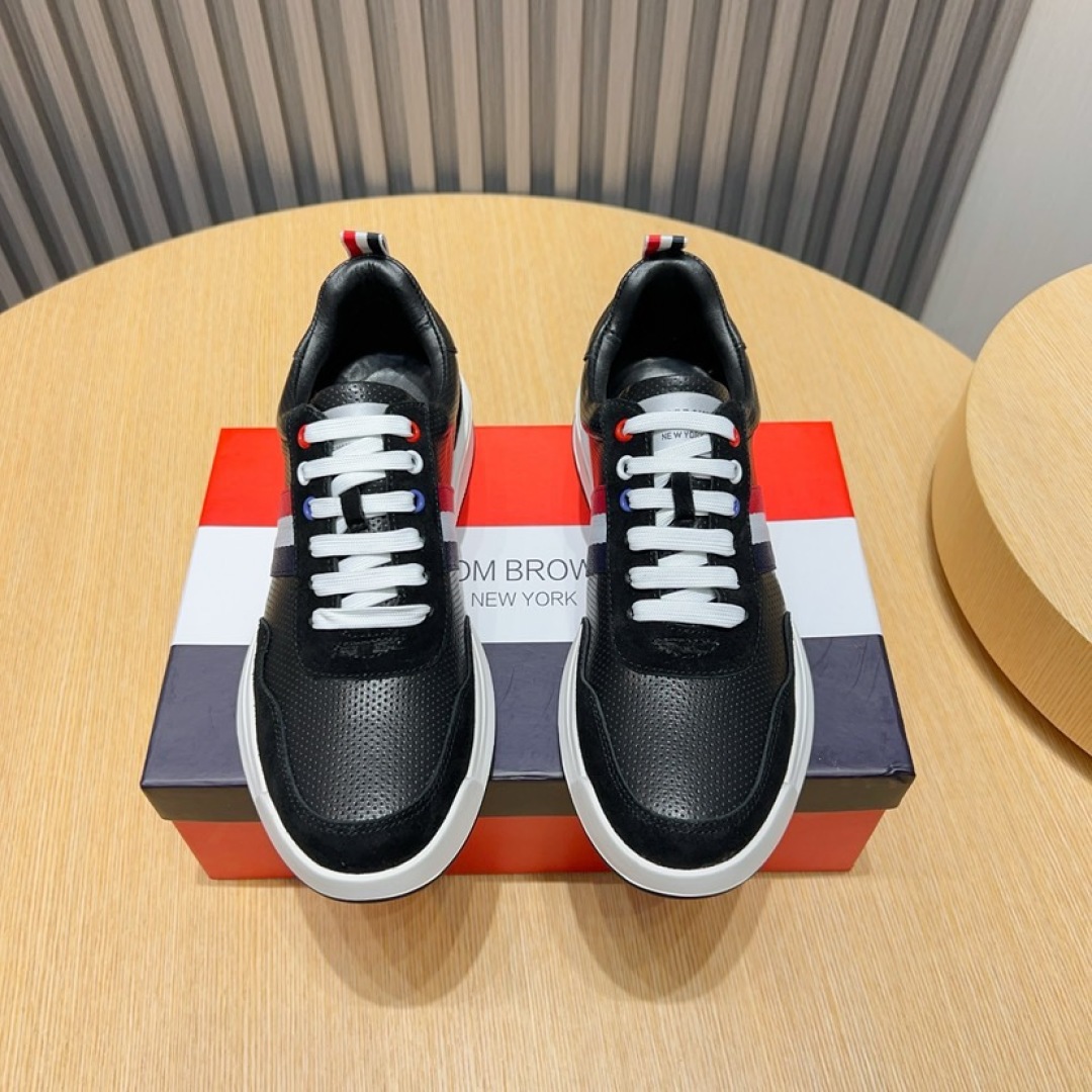 Thom Browne Men's Black Leather Sneakers with Signature Stripe Detail 1 Thom Browne Men's Black Leather Sneakers with Signature Stripe Detail