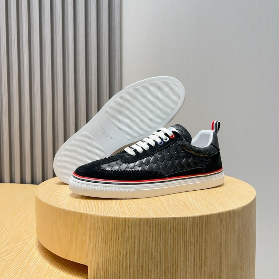 Thom Browne Men's Black Leather Sneakers with Red, White, and Blue Stripe 9 cmp i1744653177140 2936 0 7