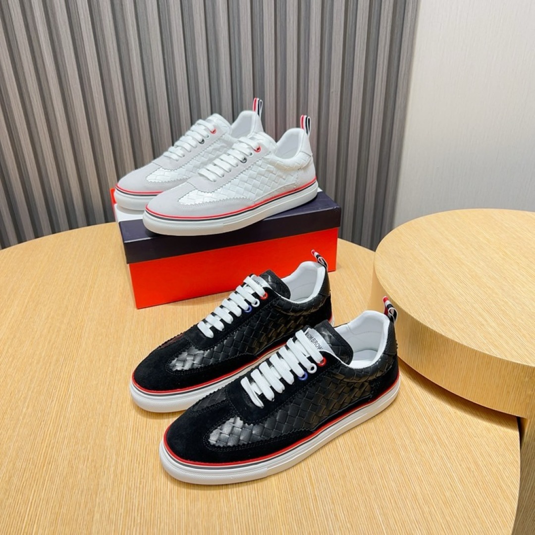 Thom Browne Men's Black Leather Sneakers with Red, White, and Blue Stripe 10 cmp i1744653177141 2501 0 8