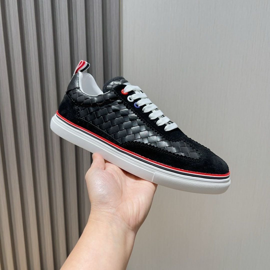 Thom Browne Men's Black Leather Sneakers with Red, White, and Blue Stripe 3 cmp i1744653177141 3623 0 1