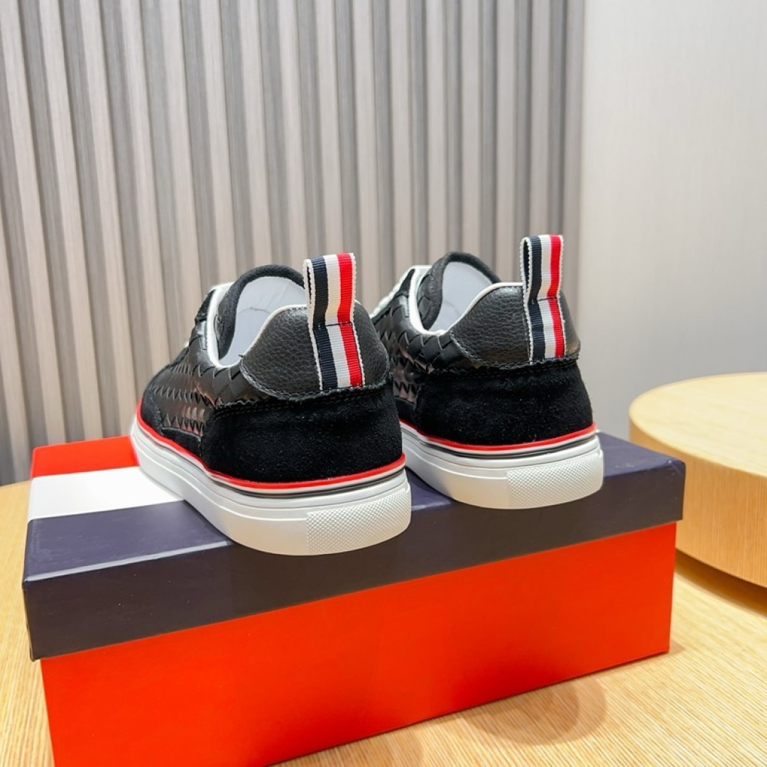 Thom Browne Men's Black Leather Sneakers with Red, White, and Blue Stripe 5 cmp i1744653177141 7403 0 3