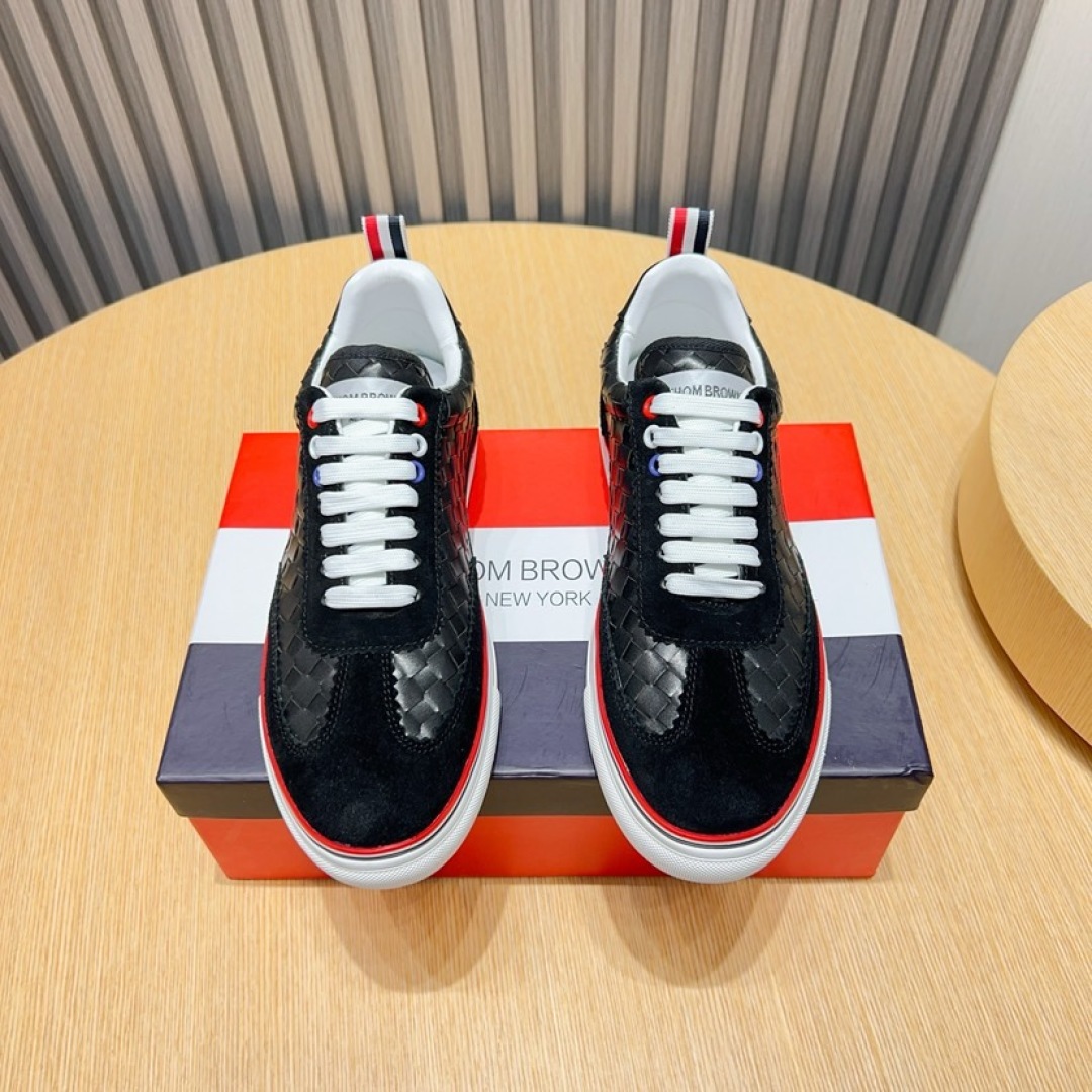 Thom Browne Men's Black Leather Sneakers with Red, White, and Blue Stripe 1 Thom Browne Men's Black Leather Sneakers with Red, White, and Blue Stripe