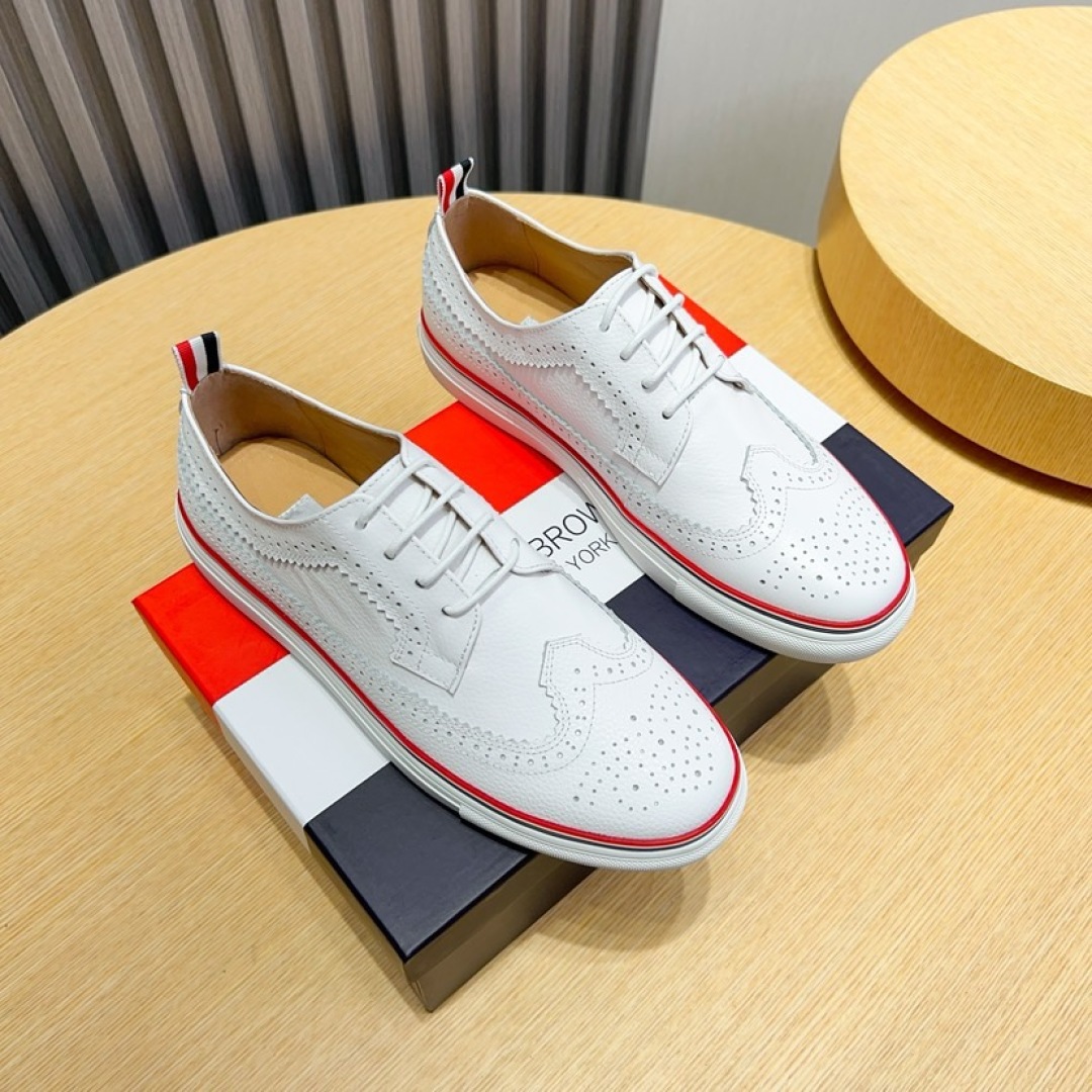 Thom Browne White Leather Brogue Sneakers with Signature Stripe Detail 1 Thom Browne White Leather Brogue Sneakers with Signature Stripe Detail