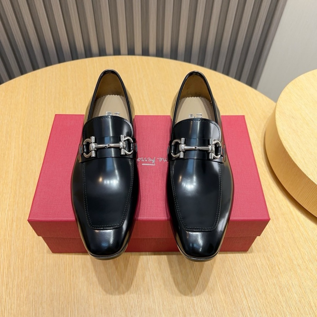 Ferragamo Men's Black Leather Loafers with Metal Buckle Detail (Sizes 38-44) 1 Ferragamo Men's Black Leather Loafers with Metal Buckle Detail (Sizes 38-44)