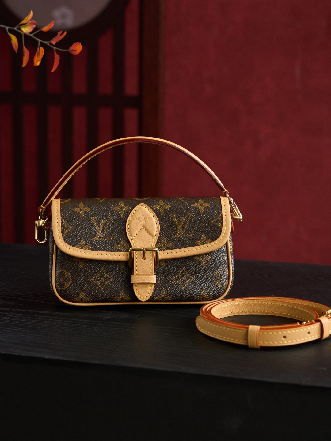 Louis Vuitton Nano Diane Handtas Monogram Canvas met Lederen Afwerking