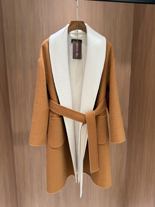 Loro Piana Inspired 2025 Wool-Cashmere Coat with Belt, Brown and White 1 Loro Piana Inspired 2025 Wool-Cashmere Coat with Belt, Brown and White