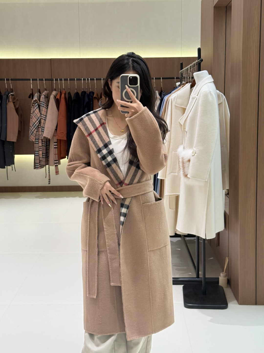Burberry Wool Blend Belted Coat Featuring Signature Check Pattern Details