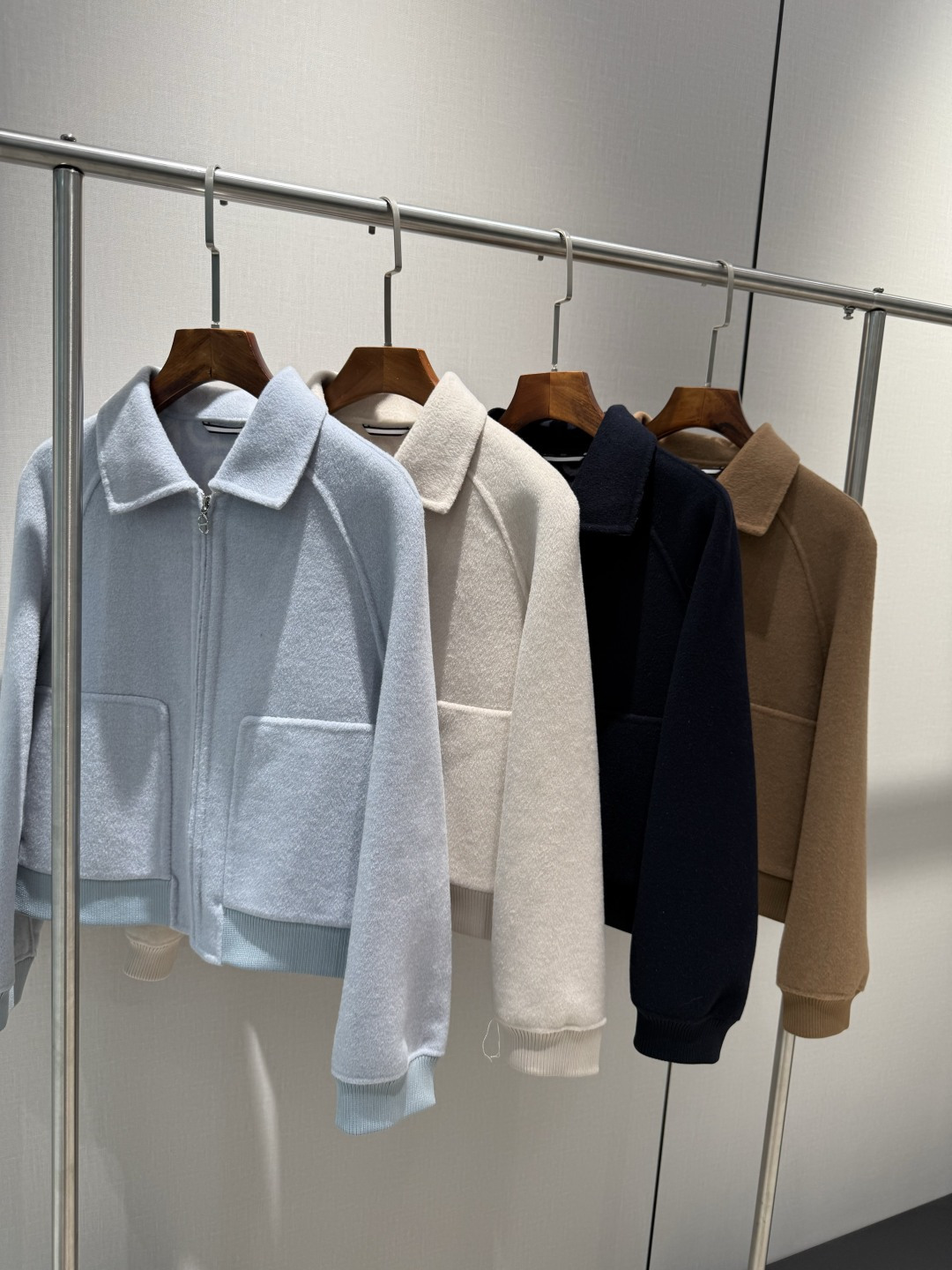 HERMRS Camel Wool Cropped Zip Bomber Jacket