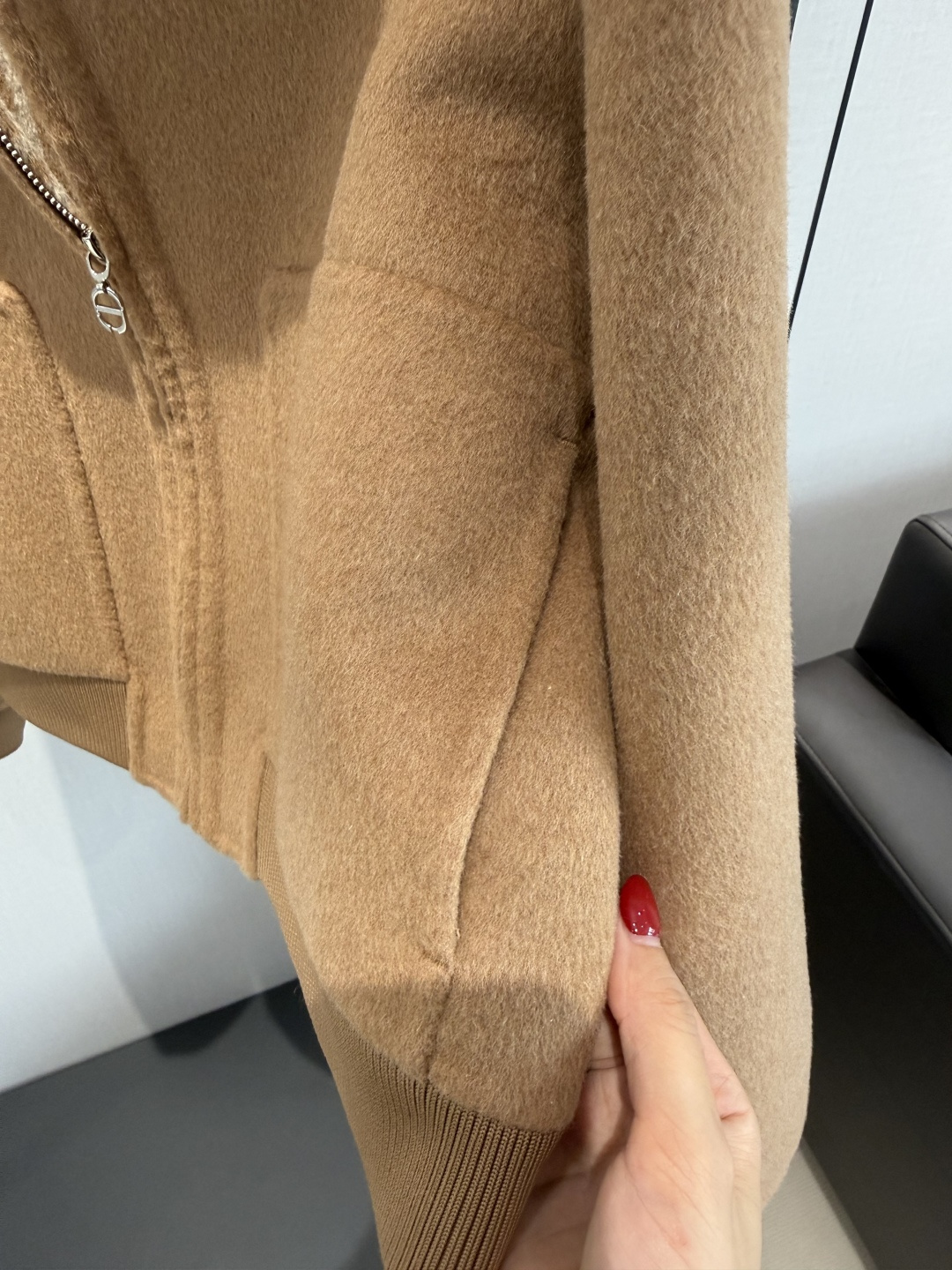 HERMRS Camel Wool Cropped Zip Bomber Jacket