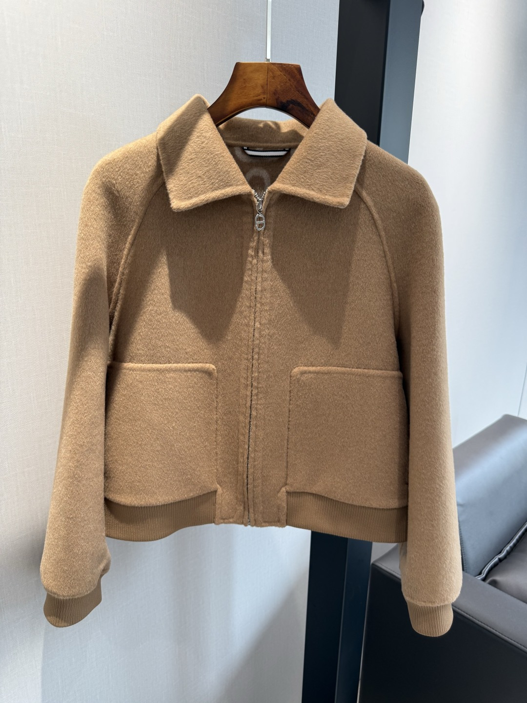 HERMRS Camel Wool Cropped Zip Bomber Jacket