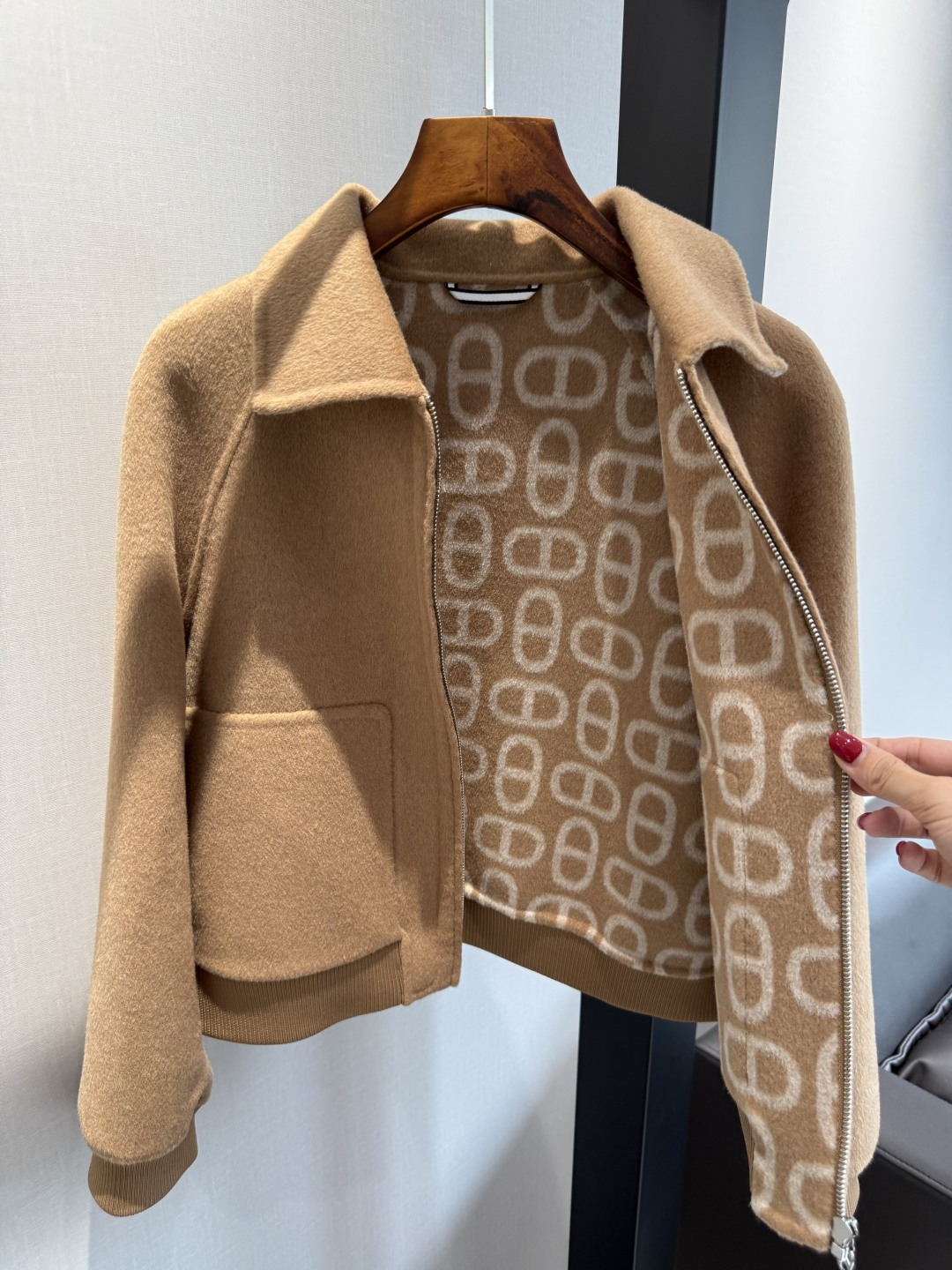 HERMRS Camel Wool Cropped Zip Bomber Jacket