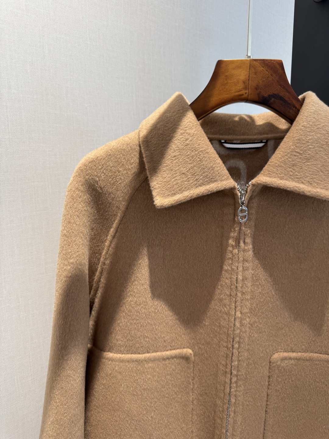 HERMRS Camel Wool Cropped Zip Bomber Jacket