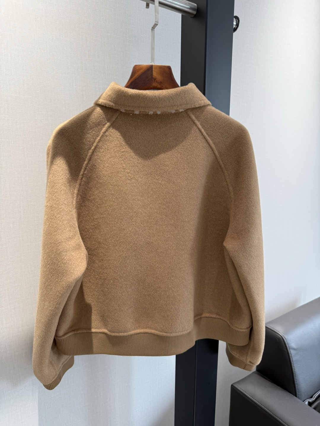 HERMRS Camel Wool Cropped Zip Bomber Jacket