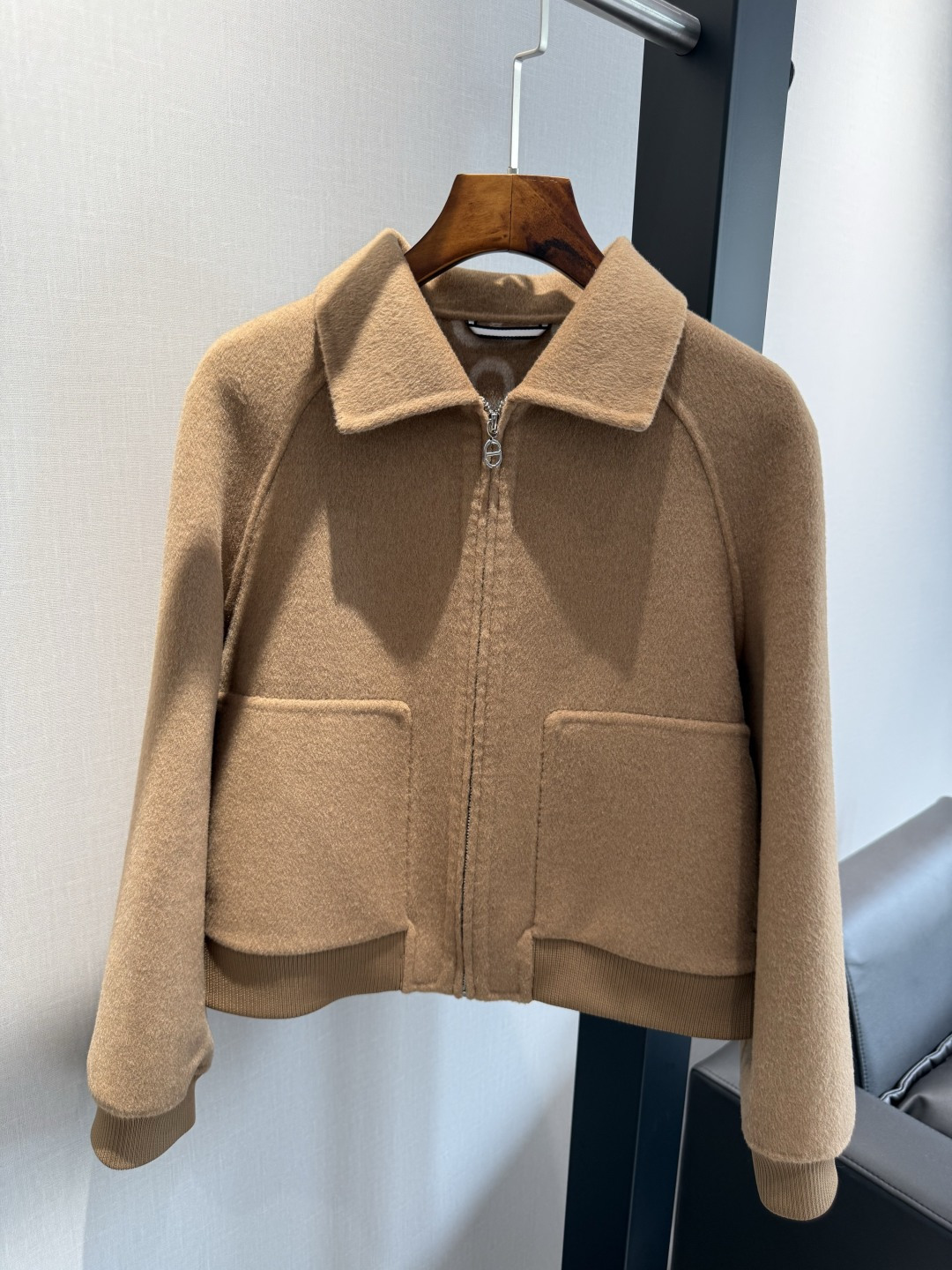 HERMRS Camel Wool Cropped Zip Bomber Jacket