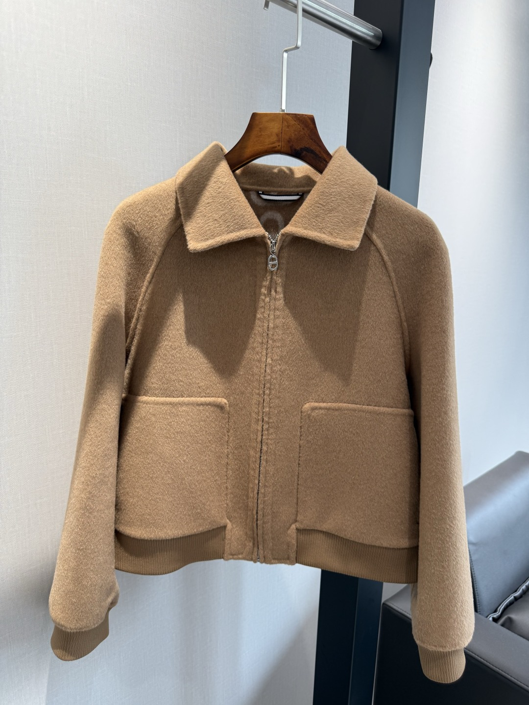 HERMRS Camel Wool Cropped Zip Bomber Jacket