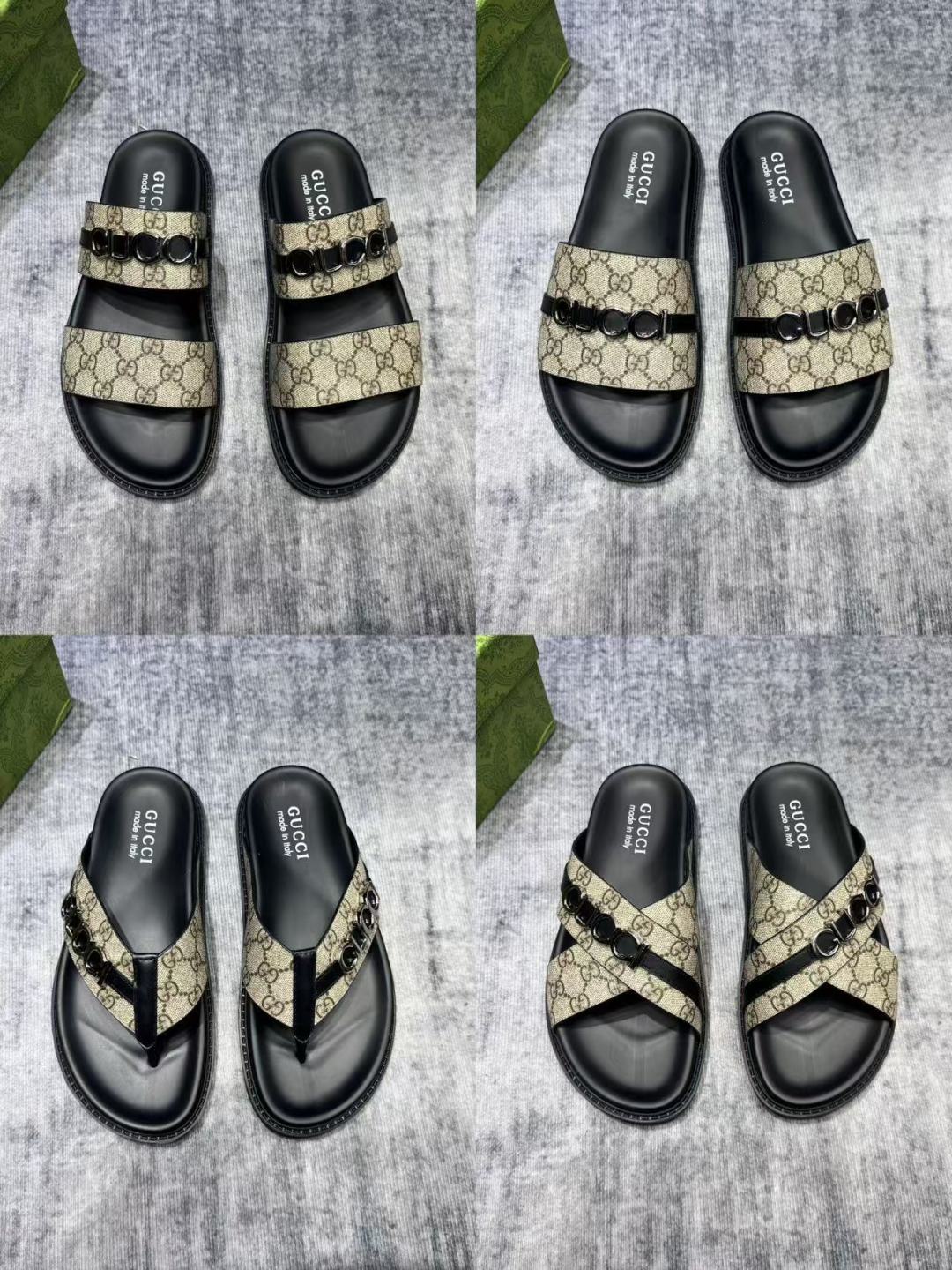  G 🔍顶级代购🇮🇹 古 炸街男神春夏拖鞋新品专柜同步，鞋面意大利进口牛皮面料，高品质拼接工艺，鞋底：原