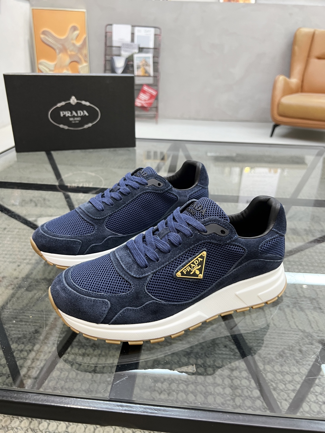 Prada Men's Blue Leather & Mesh Sneakers - Italian Made, Size 38-44 1 Prada Men's Blue Leather & Mesh Sneakers - Italian Made, Size 38-44