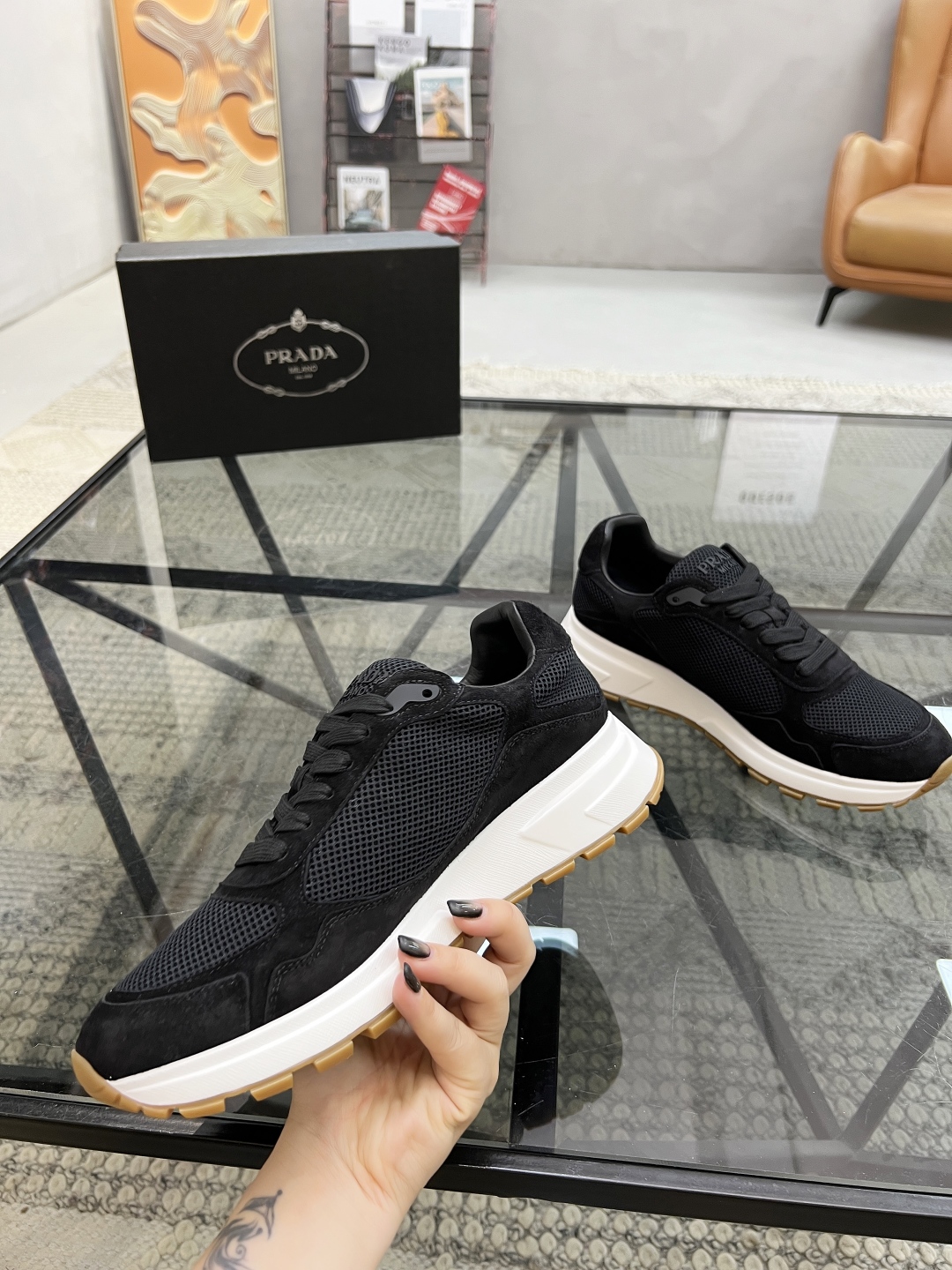 Prada Men's Black Leather and Mesh Sneakers with Cushioned Sole 5 cmp i1746605262925 362 0 3