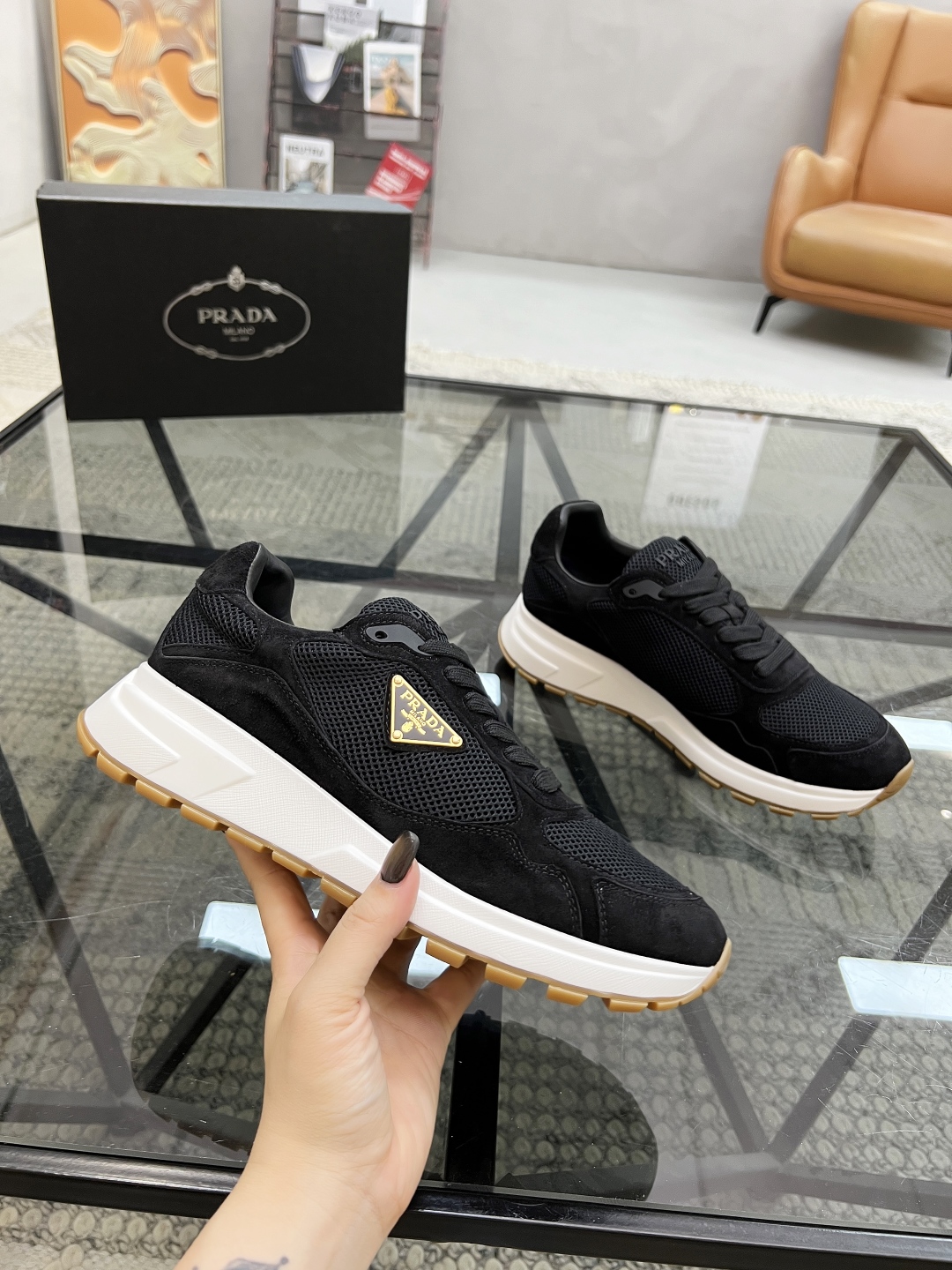 Prada Men's Black Leather and Mesh Sneakers with Cushioned Sole 6 cmp i1746605263032 4556 0 4
