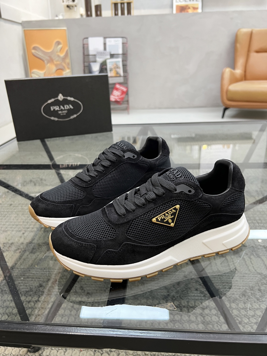 Prada Men's Black Leather and Mesh Sneakers with Cushioned Sole 1 Prada Men's Black Leather and Mesh Sneakers with Cushioned Sole