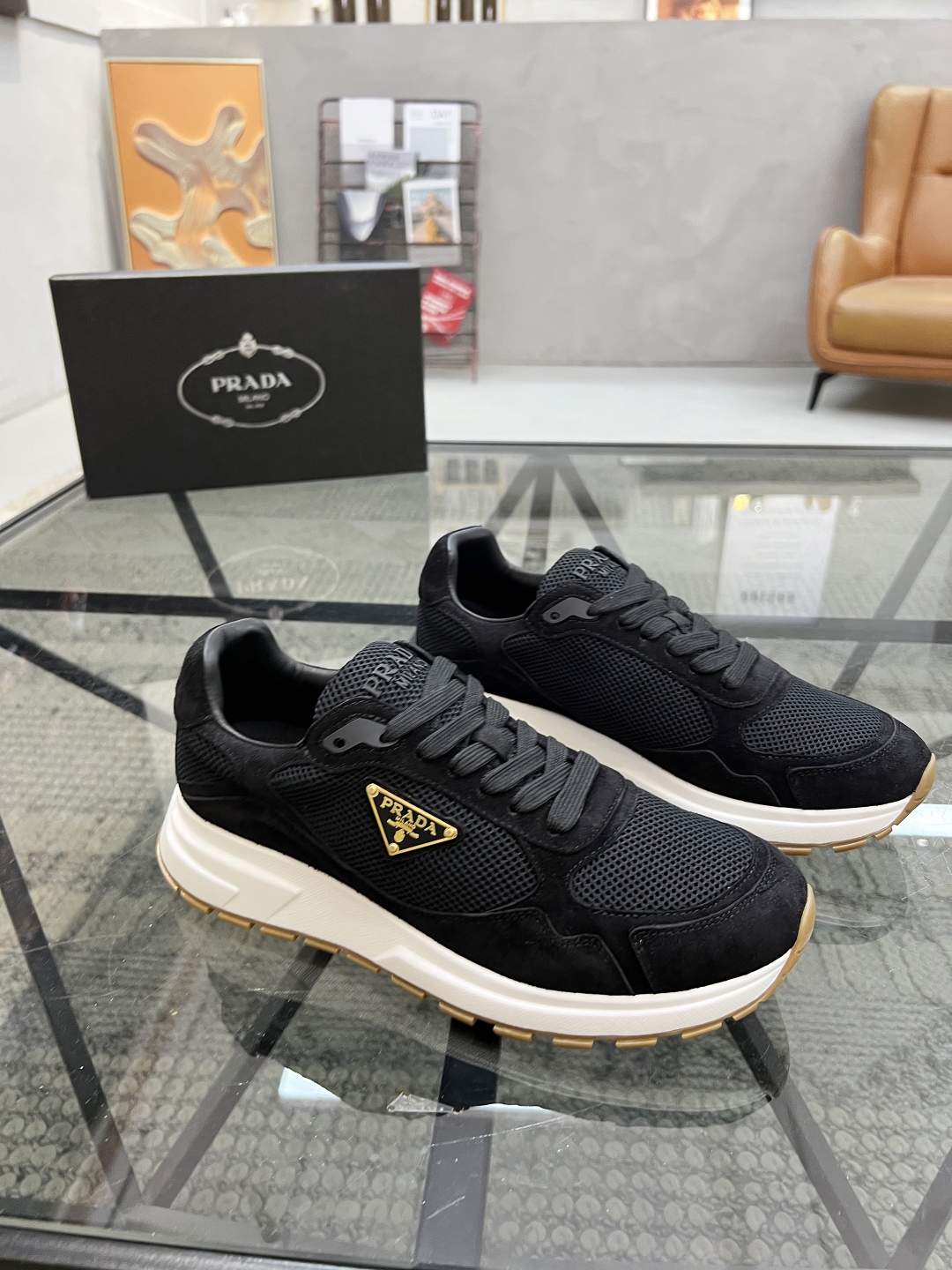 Prada Men's Black Leather and Mesh Sneakers with Cushioned Sole 3 cmp i1746605266430 4668 0 1