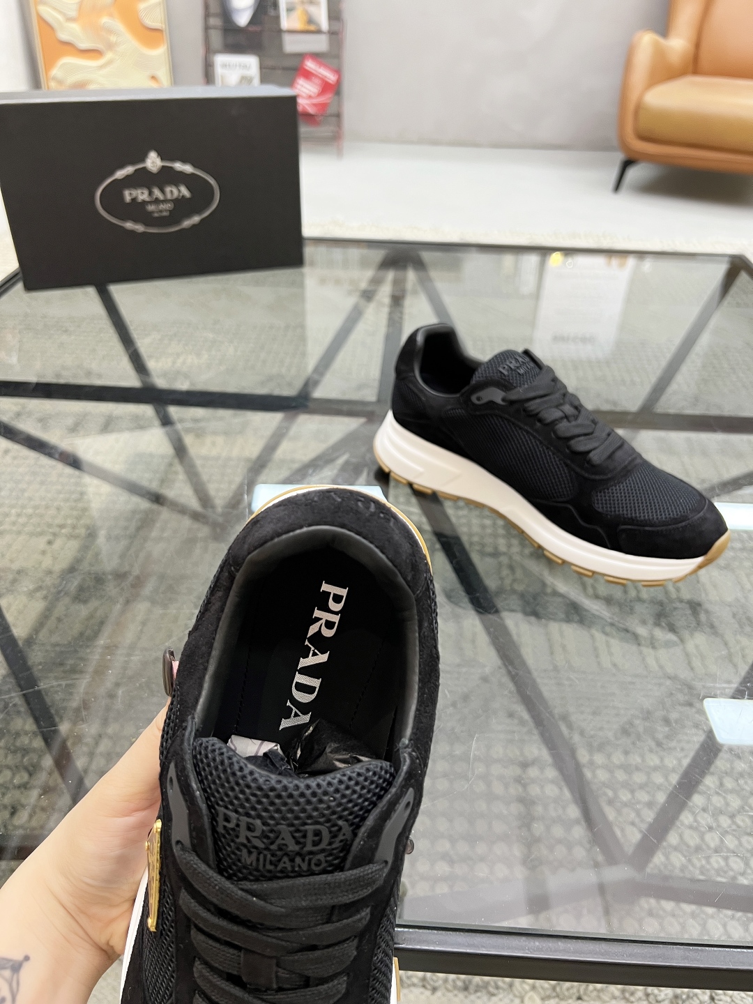 Prada Men's Black Leather and Mesh Sneakers with Cushioned Sole 8 cmp i1746605266447 7553 0 6