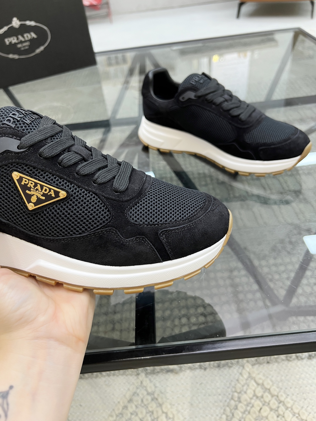 Prada Men's Black Leather and Mesh Sneakers with Cushioned Sole 7 cmp i1746605266453 7844 0 5