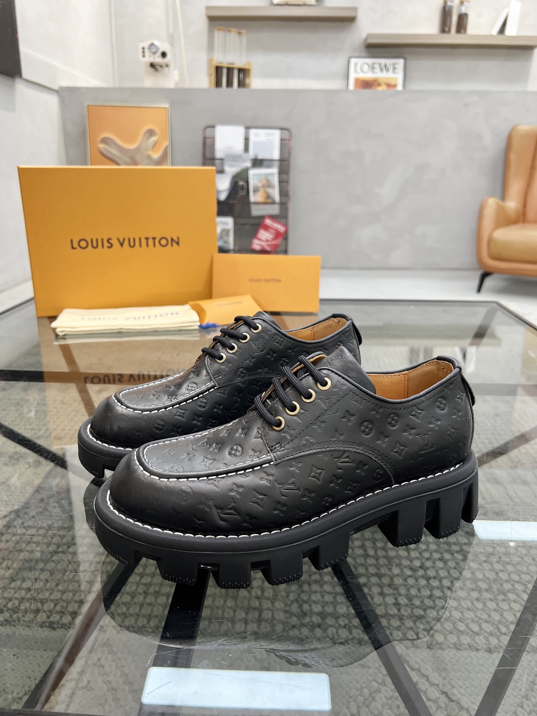 Louis Vuitton Men's Black Leather Casual Shoes with Embossed Detailing 1 Louis Vuitton Men's Black Leather Casual Shoes with Embossed Detailing