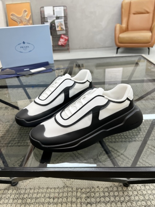 PRADA Men's White/Black Leather & Mesh Sneakers Designer Shoes